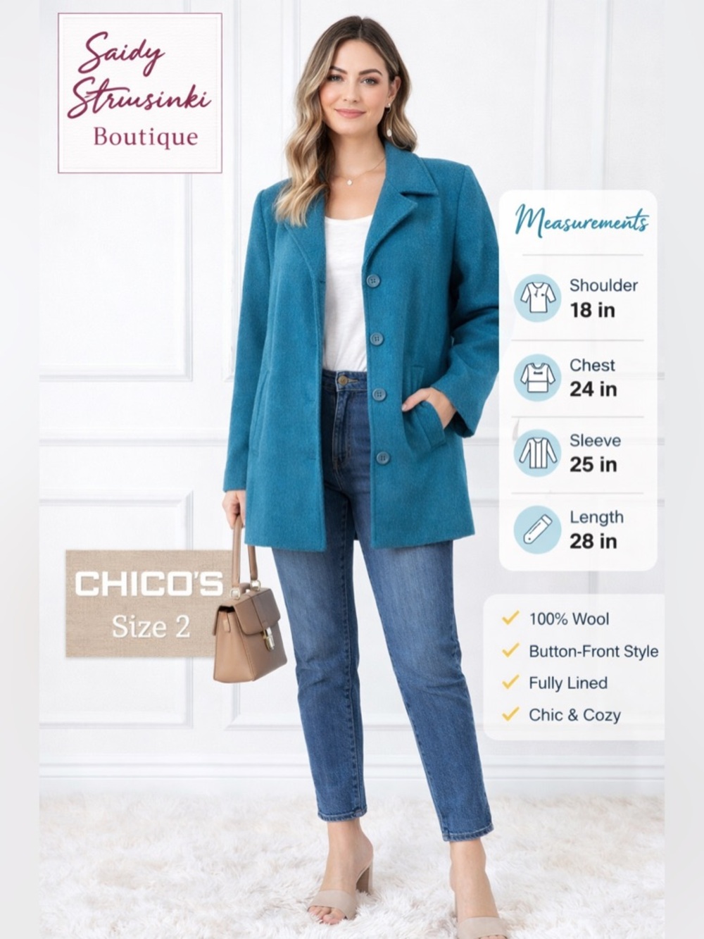 Chico’s 100% Wool Teal Coat Size 2 Button Front Jacket Chic Classic